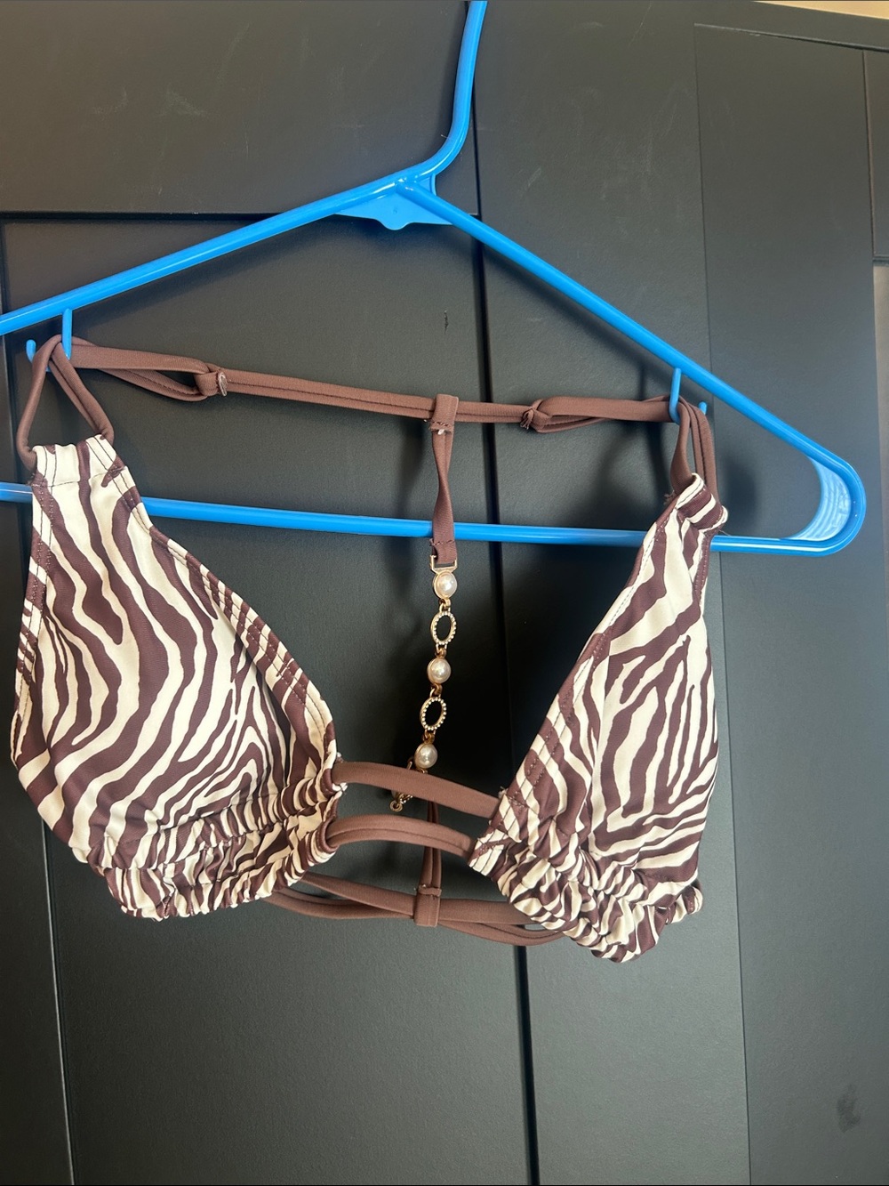 Brown Zebra Print Triangle Bikini Top with Gold Accents/New without tags